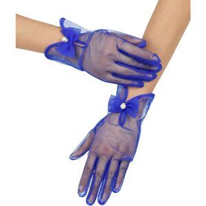 Women's Royal Blue Bow Tulle Pearls Mesh Tea Short Gloves Party Prom Accessories